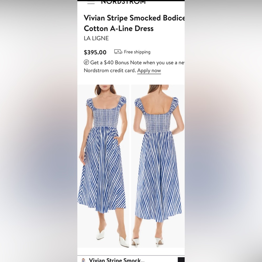 LA LIGNE- Vivian Stripe Smocked Bodice Cotton A-Line Dress Size L